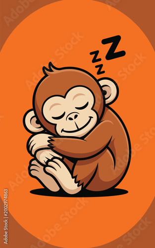 Adorable sleepy baby monkey curled up napping peacefully, eyes closed with dreaming Zzzs floating above, on a warm vibrant orange background representing comfort and relaxation; ideal for children's b