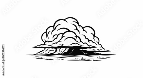 Stylized black and white drawing of a large cumulonimbus cloud formation