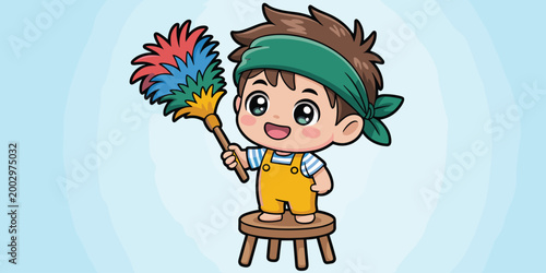 Joyful Cartoon Boy Dressed in Yellow Overalls and Green Bandana, Gleefully Dusting with a Colorful Feather Duster while Standing on a Wooden Stool, Ideal for Children's Cleaning, Home Chores, and Educ