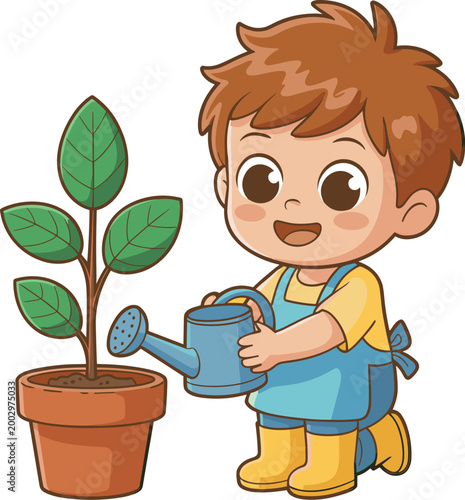 Adorable little boy gardener watering a small potted plant with a blue watering can, symbolizing growth, nurturing, and childhood innocence in a bright, cheerful cartoon illustration perfect for educa