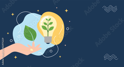 Green energy and environmental sustainability concept featuring a plant growing inside a glowing lightbulb held by a hand.