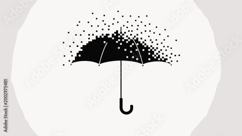 Digital umbrella dissolving into pixels, representing data loss cybersecurity and online protection concept, a fragile yet sophisticated security shield against digital threats in a clean white studio