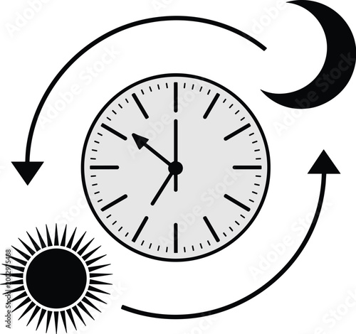 Celestial Cycle: Sun, Moon, and Clock Illustrating Time Progression, Day-Night Transition, and Temporal Flow - Conceptual Symbolism for Seasons, Cycles, Timekeeping, Rhythms, Schedules, and Daily Rhyt