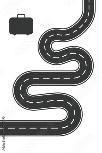 Black suitcase icon near a winding asphalt road with dashed white lines, symbolizing travel, journey, adventure, exploration, and destination, representing business trips, vacation, escape, and freedo