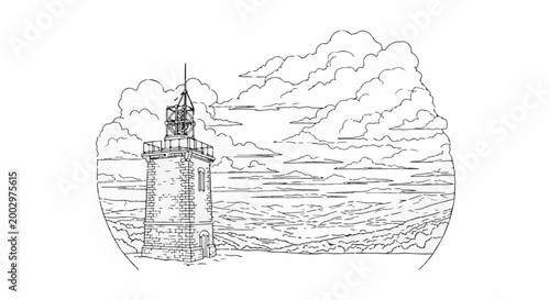 Stone tower atop a hill with a vast cloudy sky and rolling terrain