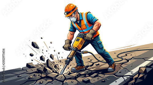 Man wearing safety gear operates jackhammer.