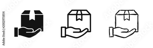 Delivery service icon with a hand holding a cardboard package box for shipping, logistics, and commerce.