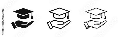 Bild auf Leinwand Education support icon with a hand holding a graduation mortarboard cap for scholarships and achievement