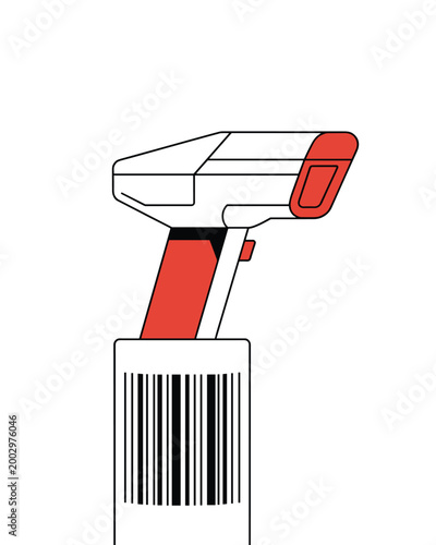 Conceptual illustration of a barcode scanner integrated with a spray bottle mechanism, symbolizing inventory management automation, retail efficiency, and product tracking in supply chain logistics, r