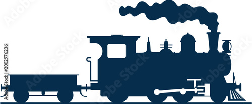 Vintage Steam Locomotive Silhouette, a Classic Train with a Freight Car Leading the Way, Emitting Smoke Plumes, Ideal for Transportation Themes, Historical Nostalgia, Industrial Power, Journey Concept