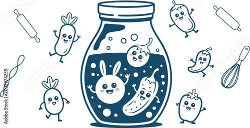 Cute Kawaii Pickled Vegetables and Bunny Character Joyfully Swimming Inside a Glass Jar with Bubbles, Kitchen Utensils nearby, Whimsical Cartoon Illustration for Food Packaging, Culinary Arts, Healthy