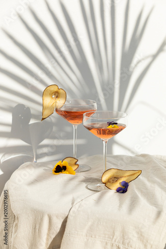 Wine summer cocktails and dried fruit appetizers. Tropical light
