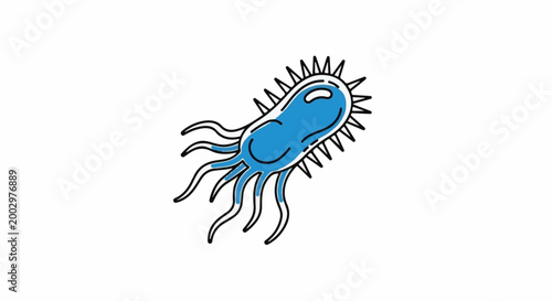 Stylized blue bacterium with spiky protrusions and flagella