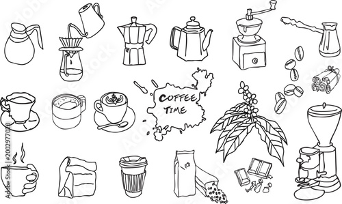 Coffee set with brewing equipment, cups, chocolate, and beans in line art style. Hand drawn doodle icons for coffee shop branding. Vector.