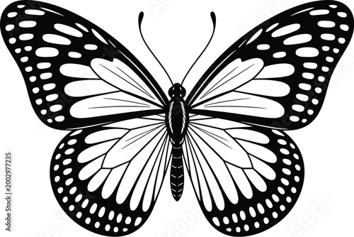 Monarch Butterfly Vector Illustration: Elegant Black and White Abstract Design Symbolizing Transformation and Nature's Beauty, Perfect for Graphic Resources, Websites, and Eco-Friendly Brands; Delicat