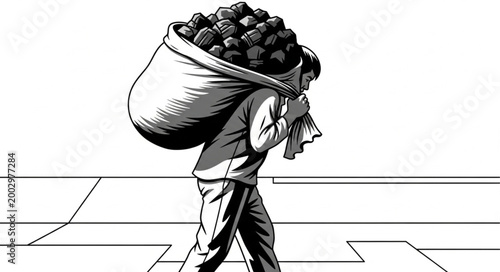 Person Carrying Heavy Sack of Coal on Back.