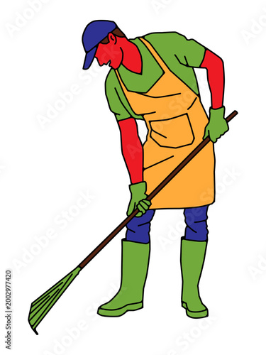 Flat vector illustration of a male gardener in an apron and boots using a rake.