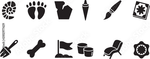 Archeology and paleontology vector illustration icons set showing fossil bone footprint brush