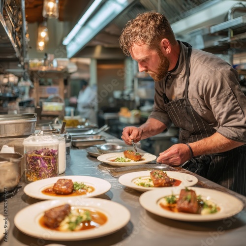 Chef focuses on plating food for customers in a busy restaurant kitchen during the evening dinner rush