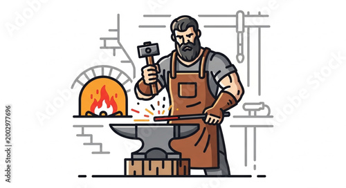 Blacksmith Working with Hot Metal and Hammer.
