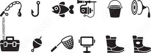 Fishing gear icons set illustration with rod hook fish reel bucket net boots and tackle box
