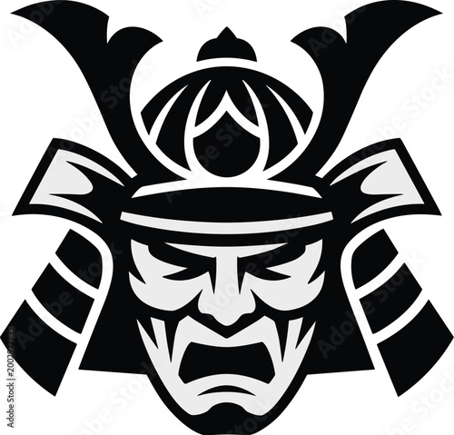 Intense Black Samurai Warrior Mask Icon, Furious Traditional Japanese Warrior Helmet Art, Fierce Onna-Bugeisha Face Logo, Ancient Bushido Spirit Symbol for Strength, Honor, and Battle Readiness, Vecto