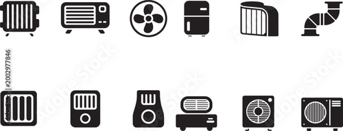 Heating and cooling appliances vector illustration collection with radiator fan and air with heating