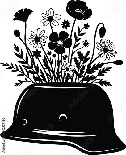 Symbolic War Helmet Filled with Beautiful Wildflowers and Poppies, Representing Peace, Remembrance, Hope, and Renewal After Conflict, Conceptual Art for Memorials, Veterans, and Anti-War Themes, Vecto