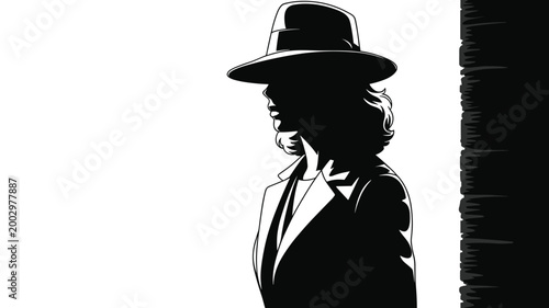 Mysterious Silhouette of a Person in a Hat and Trench Coat Standing Against a Textured Dark Wall, Evoking Noir Film, Detective, Mystery, Intrigue, Secret Agent, Investigation, Espionage, Confidence, P