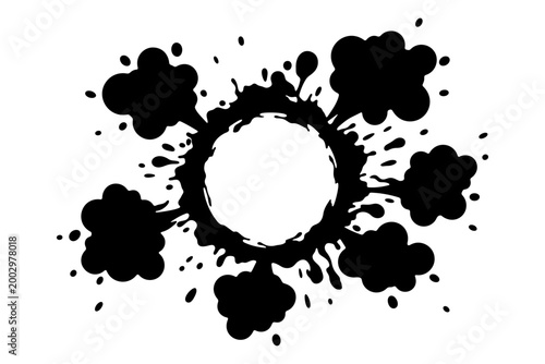 Circular ink splash frame with cartoon smoke clouds and paint splatter effect