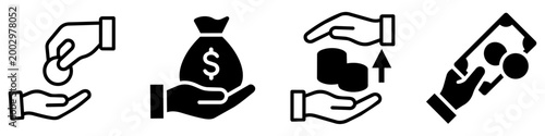 Money and finance icon set with hands for payment, savings, and investment concepts