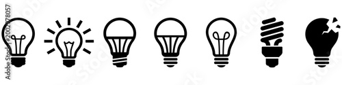 Light bulb icon set with led, fluorescent, incandescent and broken lamp symbols