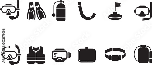 Scuba diving and snorkeling equipment icons set featuring masks fins snorkel tank and life vest