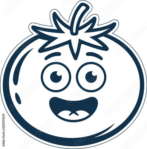Jovial Tomato Emoji Character Icon - Whimsical Vegetable Mascot with Big Eyes and Wide Smile, Perfect for Healthy Food Branding, Kids' Content, Nutrition Education, and Cheerful Cooking Themes.  Vibra