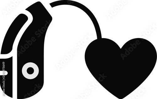 Black Silhouette of a Modern Digital Hearing Aid Connected by a Wire to a Black Heart Shape, Symbolizing Hearing Health, Auditory Care, and Love for Sound Technology.  Ideal for Medical, Health, and T