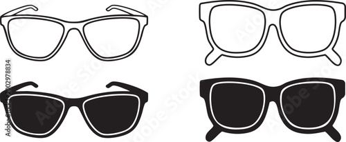 Sunglasses silhouette and line art set, flat eyewear icon collection with wayfarer and square frame styles, perfect for summer, fashion, and lifestyle design.