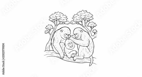 Photography Two adult monkeys groom a baby monkey on a branch between trees