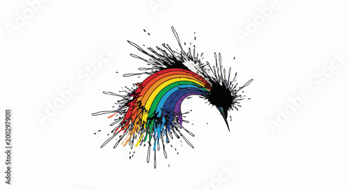 Foto Vibrant rainbow arc erupting with black ink splashes and splatters