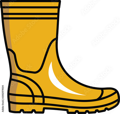 Yellow Wellington Boot Icon - A Clean, Modern, Graphic Resource Illustration of Waterproof Footwear, Ideal for Outdoor Activities, Farming, Gardening, Wet Weather Protection, and Work Safety. This Sim