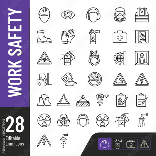 Industrial work safety and occupational health thin line icons for construction site hazard prevention guide