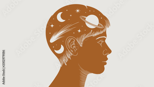 Celestial Mindscape: Silhouette of a Person's Head Filled with Cosmic Wonders, Showcasing a Universe of Imagination, Dreamy Concepts, Spiritual Growth, and Infinite Possibilities for Meditation, Astro