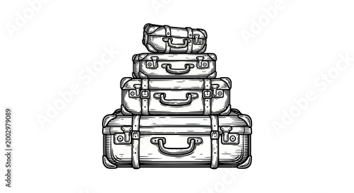 Vintage Luggage Stacked, Retro Travel Suitcases, Hand-Drawn Illustration