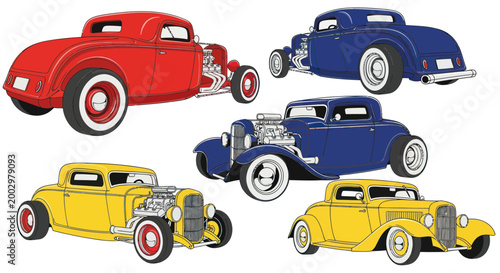 Vintage Hot Rod Cars Collection: Red, Blue, Yellow Classic Automobiles