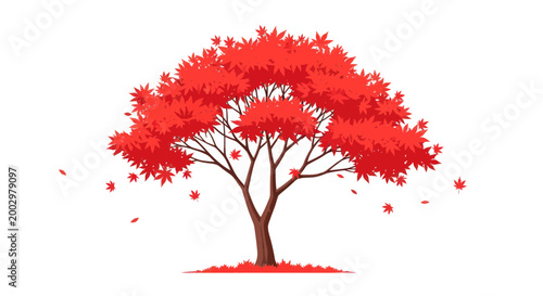 Vibrant Red Maple Tree with Falling Leaves - Autumn Season Illustration