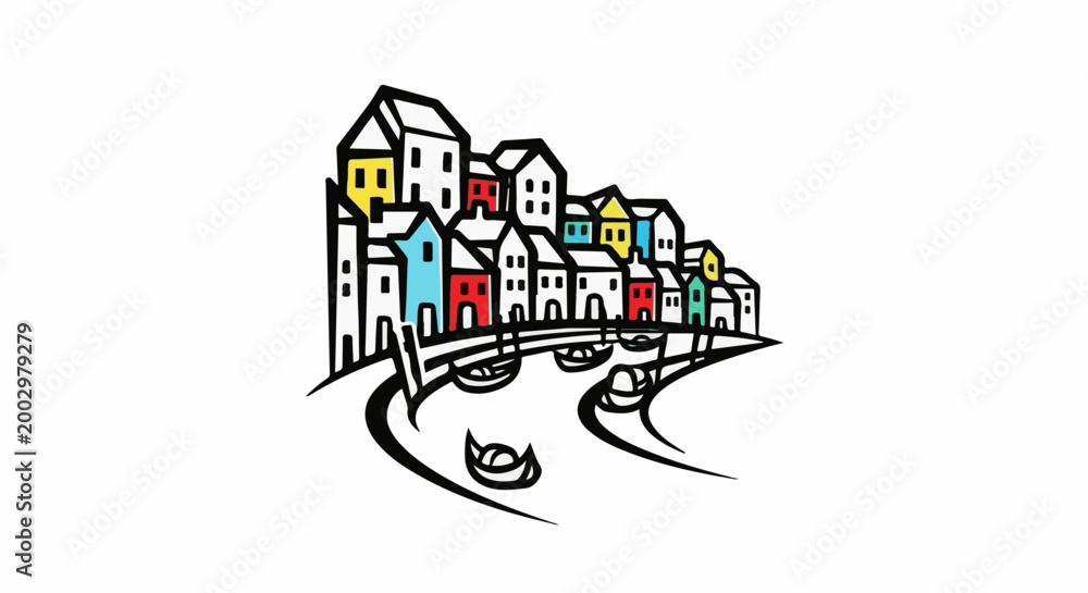 Naklejka premium Stylized buildings line a winding waterway with boats