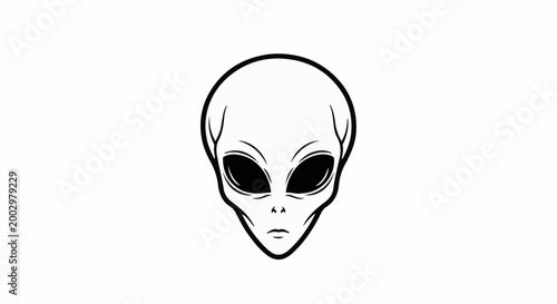 Stylized black and white outline of an alien head with large, dark eyes