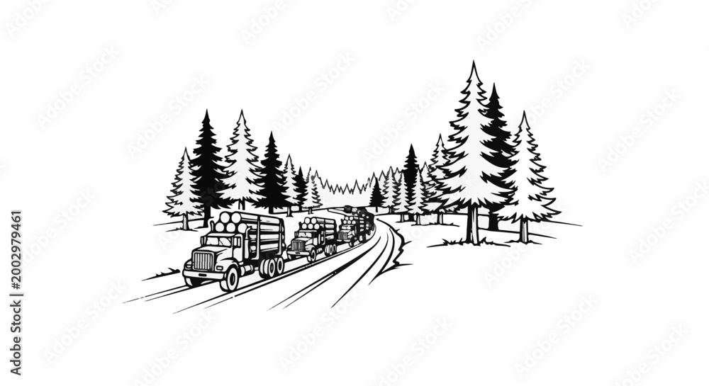 Obraz premium Trucks carrying logs drive down a forest road