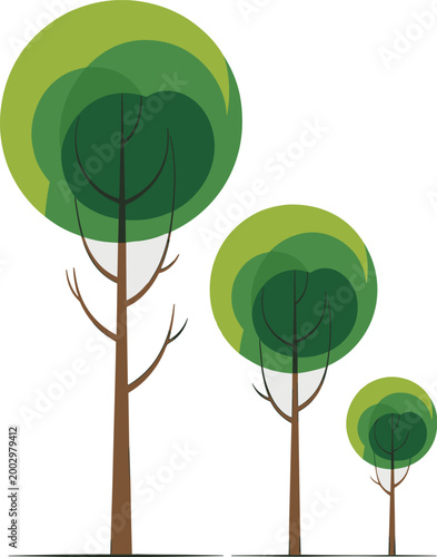 Minimalist Trio of Stylized Green Trees Standing Tall in a Serene, Clean Landscape, Representing Growth, Nature, Harmony, and Sustainability; Perfect for Eco-Friendly Branding, Corporate Design, and W