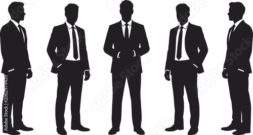 Business professional silhouettes in suits and ties standing in formal corporate poses for office, management, and career design projects