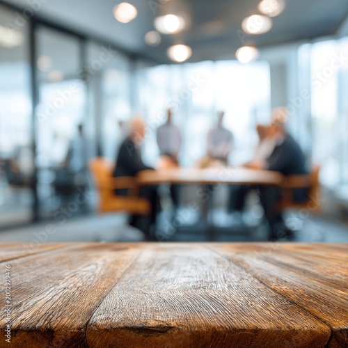 A group of people meets in a modern office setting to talk and collaborate on projects at a wooden table during the day
